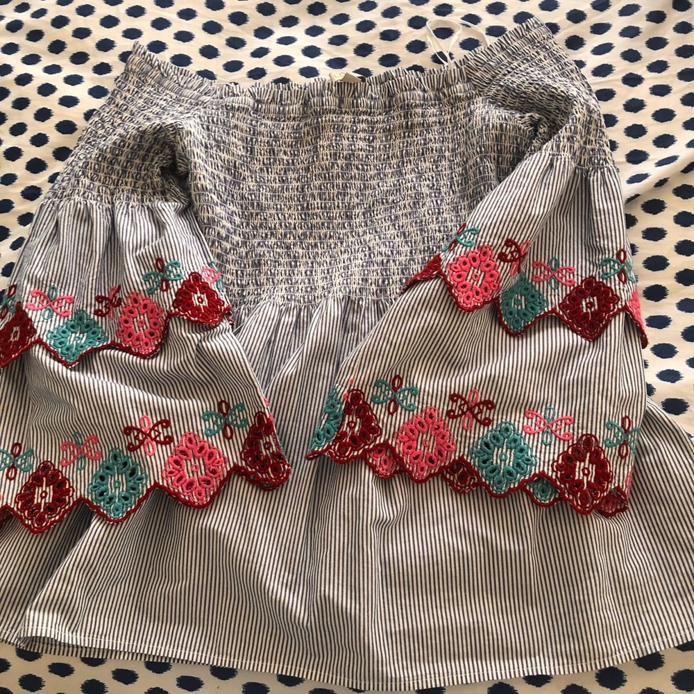 Off the shoulder ruched embroidered blouse